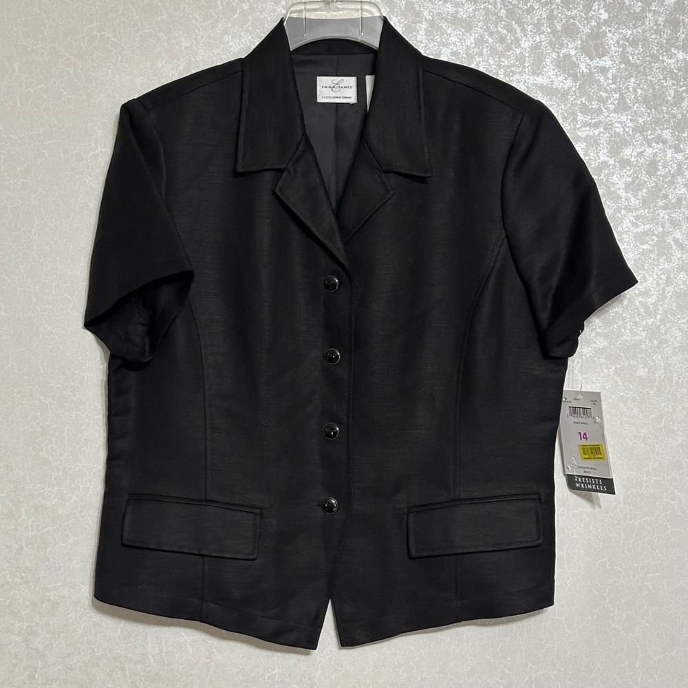 Emma James Short Sleeve Blazer Linen Blend Minimalist Professional Black NWT 14